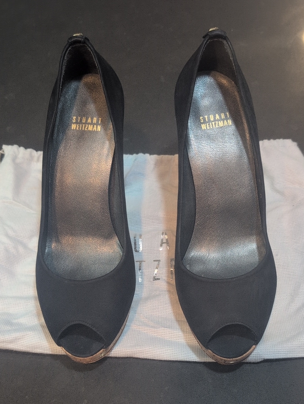 Stuart Weitzman Black Suede Peep-Toe Platform Heels